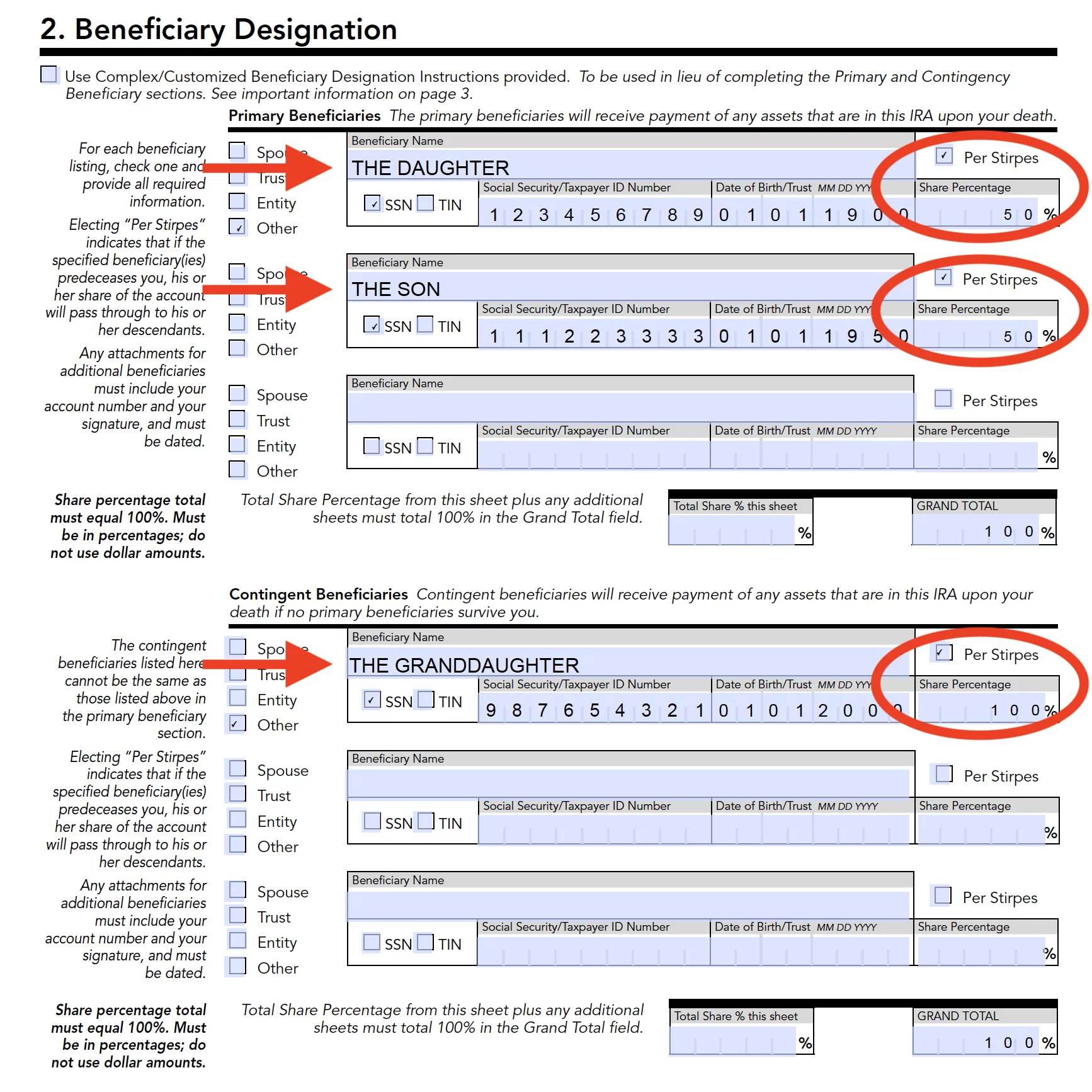 How to chooe per stirpes on beneficiary designation form